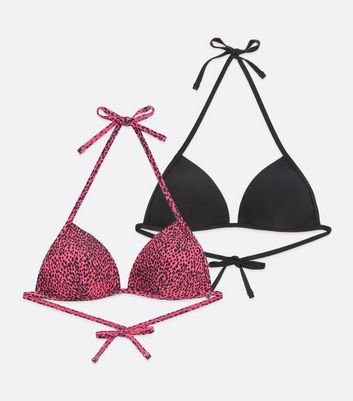 Click to view product details and reviews for 2 Pack Black And Pink Leopard Print Moulded Triangle Bikini Tops New Look.