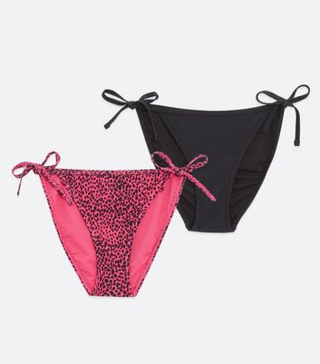 Click to view product details and reviews for 2 Pack Pink And Black Leopard Print Tie Side Bikini Bottoms New Look.