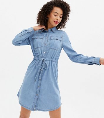Tall Blue Denim-Look Drawstring Mini Shirt Dress