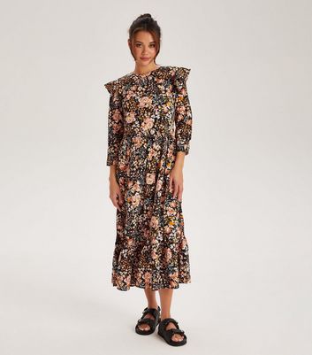 Urban Bliss Black Floral Ruffle Midi Smock Dress New Look