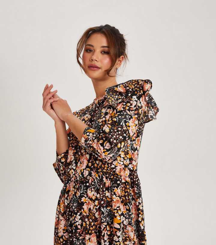 Urban Bliss Black Floral Tiered Midi Smock Dress