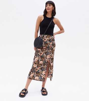 Urban Bliss Black Floral Ruched Midi Skirt