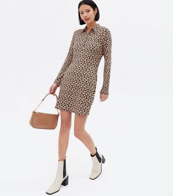 Brown Floral Long Sleeve Polo Collared Mini Dress New Look