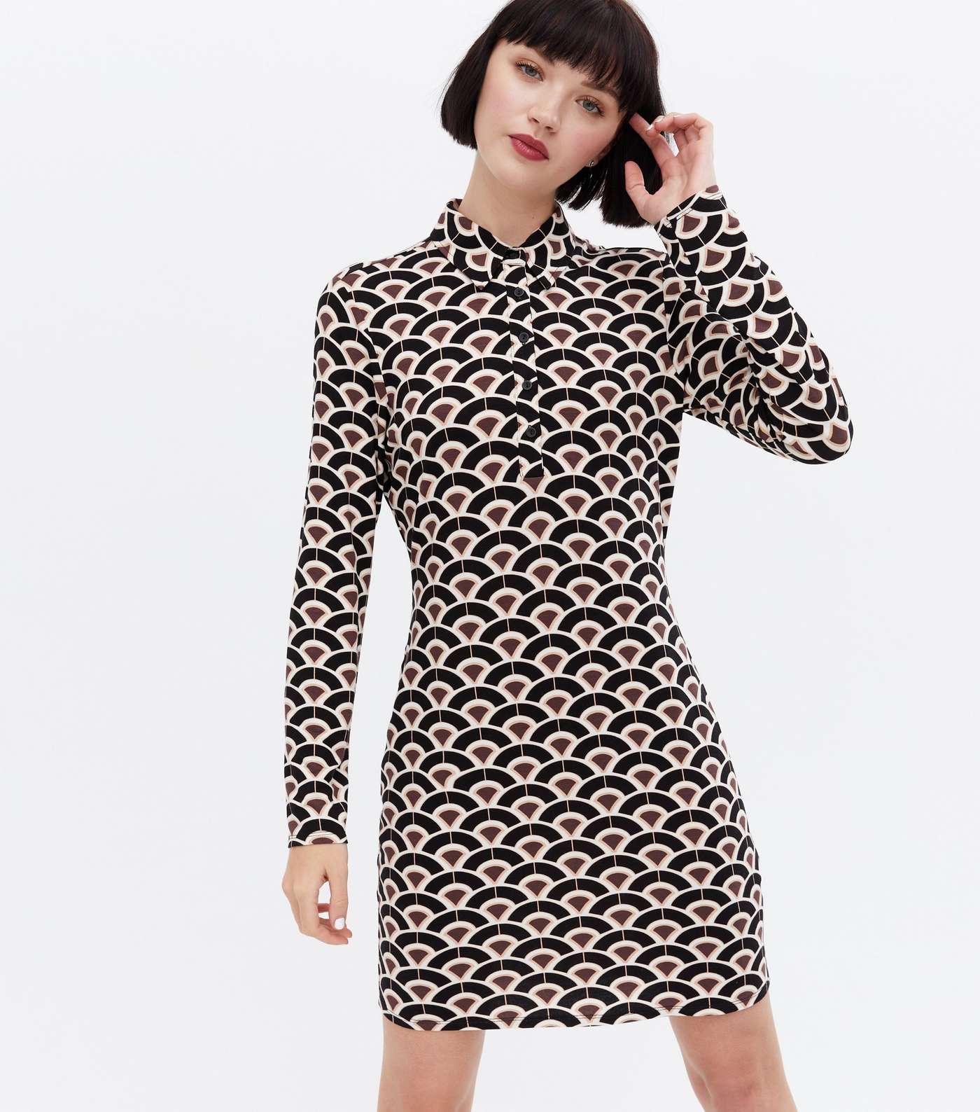 Brown Abstract Long Sleeve Polo Collared Mini Dress