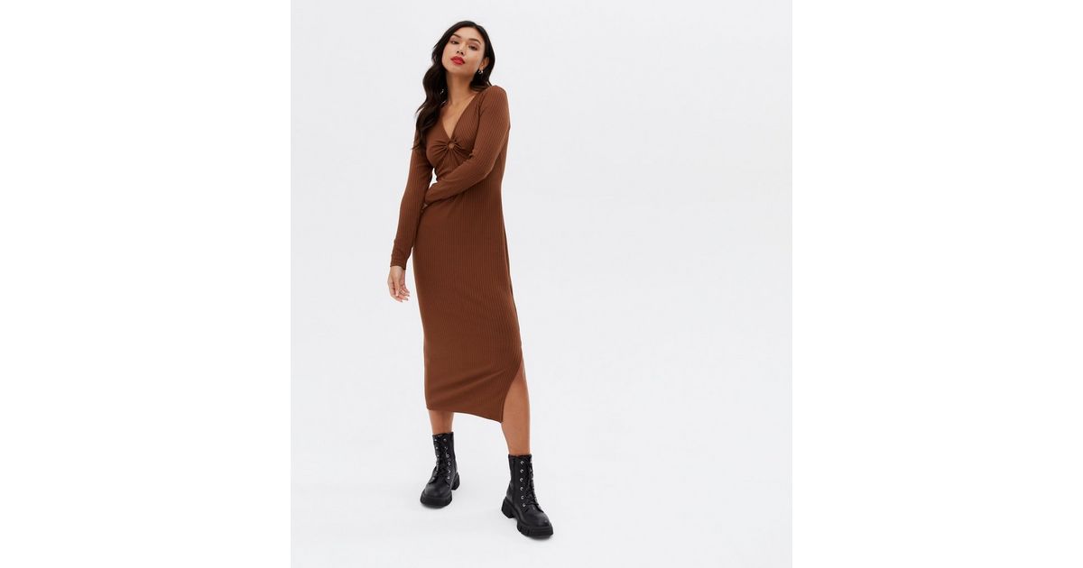 Dark Brown Ribbed Ring Front Long Sleeve Midi Dress New Look
