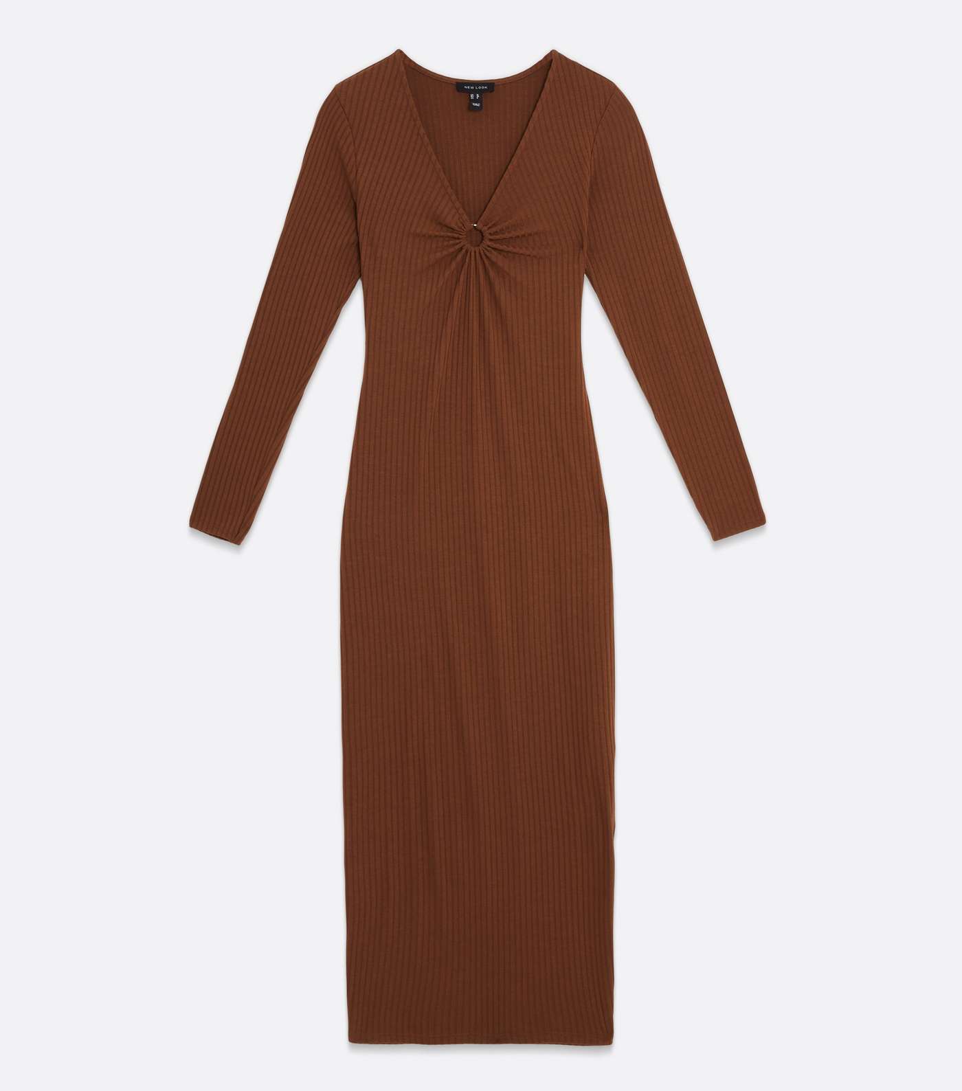 Dark Brown Ribbed Ring Front Long Sleeve Midi Dress Image 5