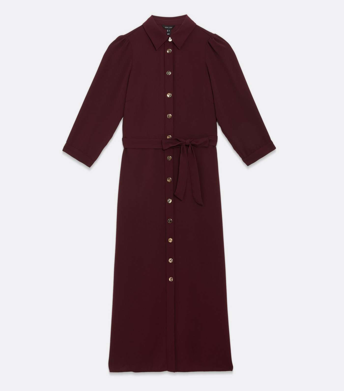 Burgundy Collared Tie Waist Midi Shirt Dress Image 5