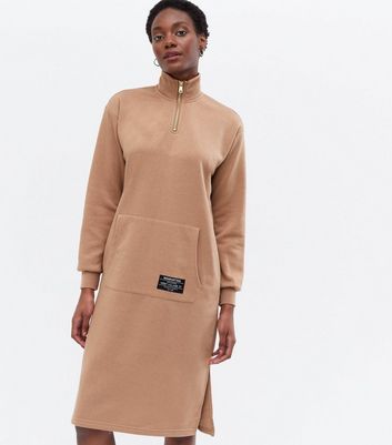Damen Bekleidung ONLY Light Brown Zip High Neck Midi Sweatshirt Dress