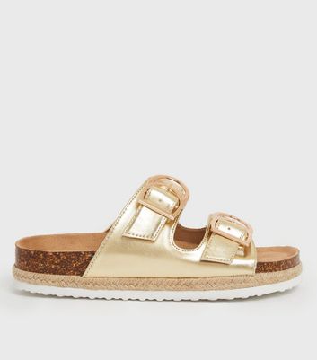 Click to view product details and reviews for Wide Fit Gold Chunky Espadrille Footbed Sliders New Look Vegan.