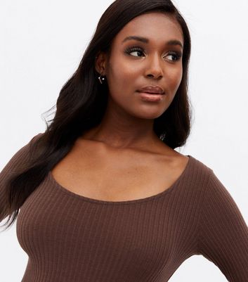 Brown Jersey Scoop Neck Split Midi 