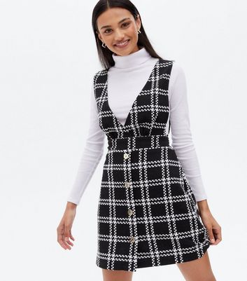 Black Check V Neck Button Mini Pinafore Dress New Look