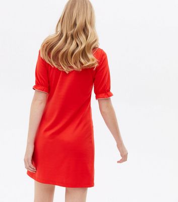 Red Jersey Daisy Button Mini Polo Dress New Look