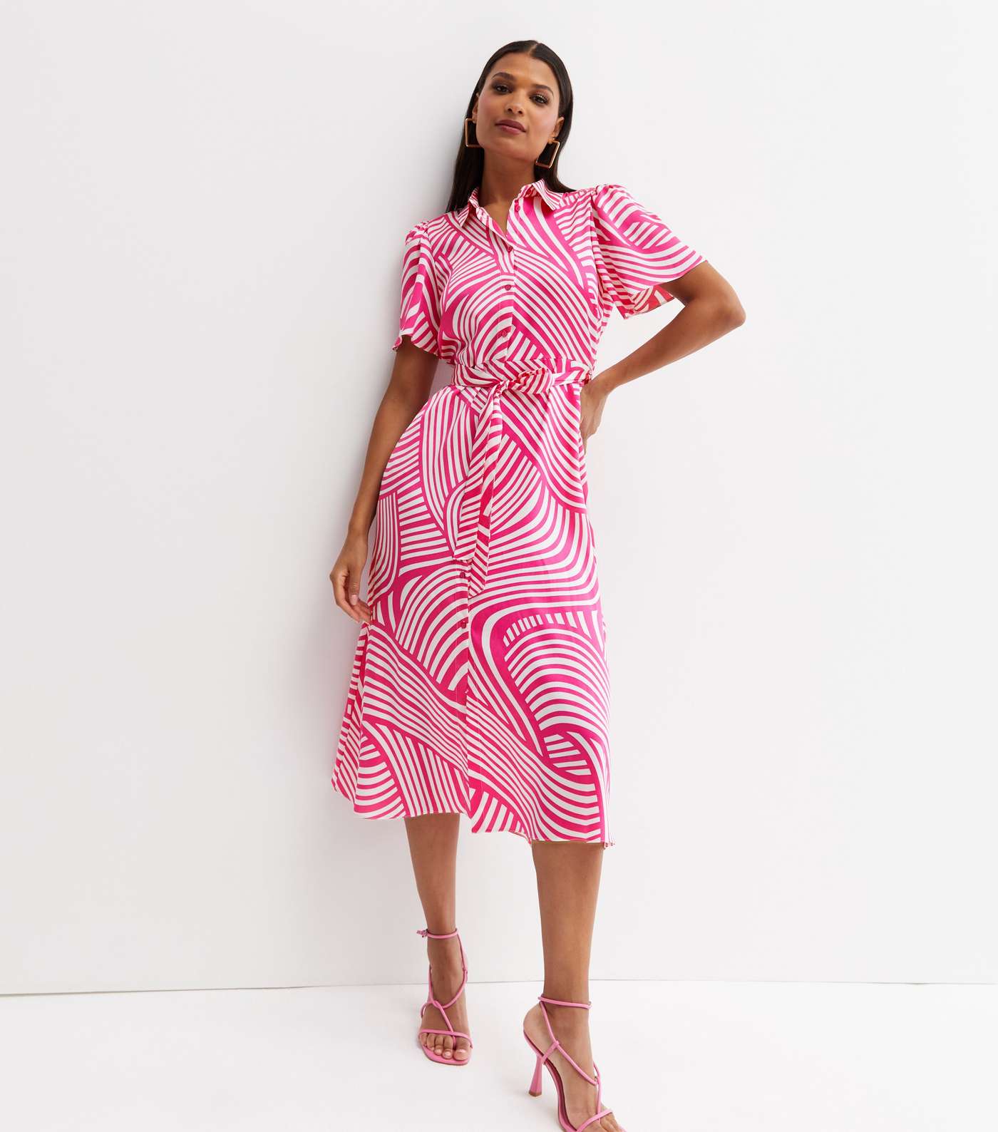 Pink Line Belted Midi Shirt Dress Image 2