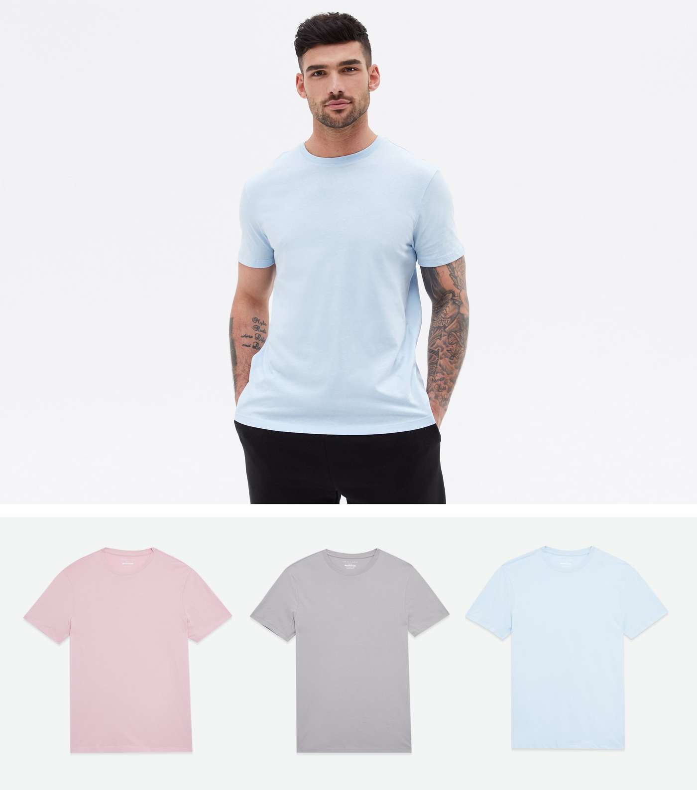 3 Pack Pink Grey and Blue Crew Neck T-Shirts