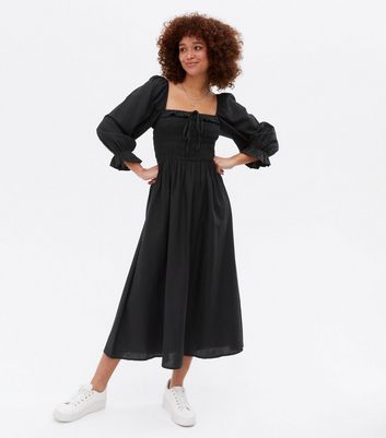 Click to view product details and reviews for Black Shirred Frill Square Neck Midi Dress New Look.