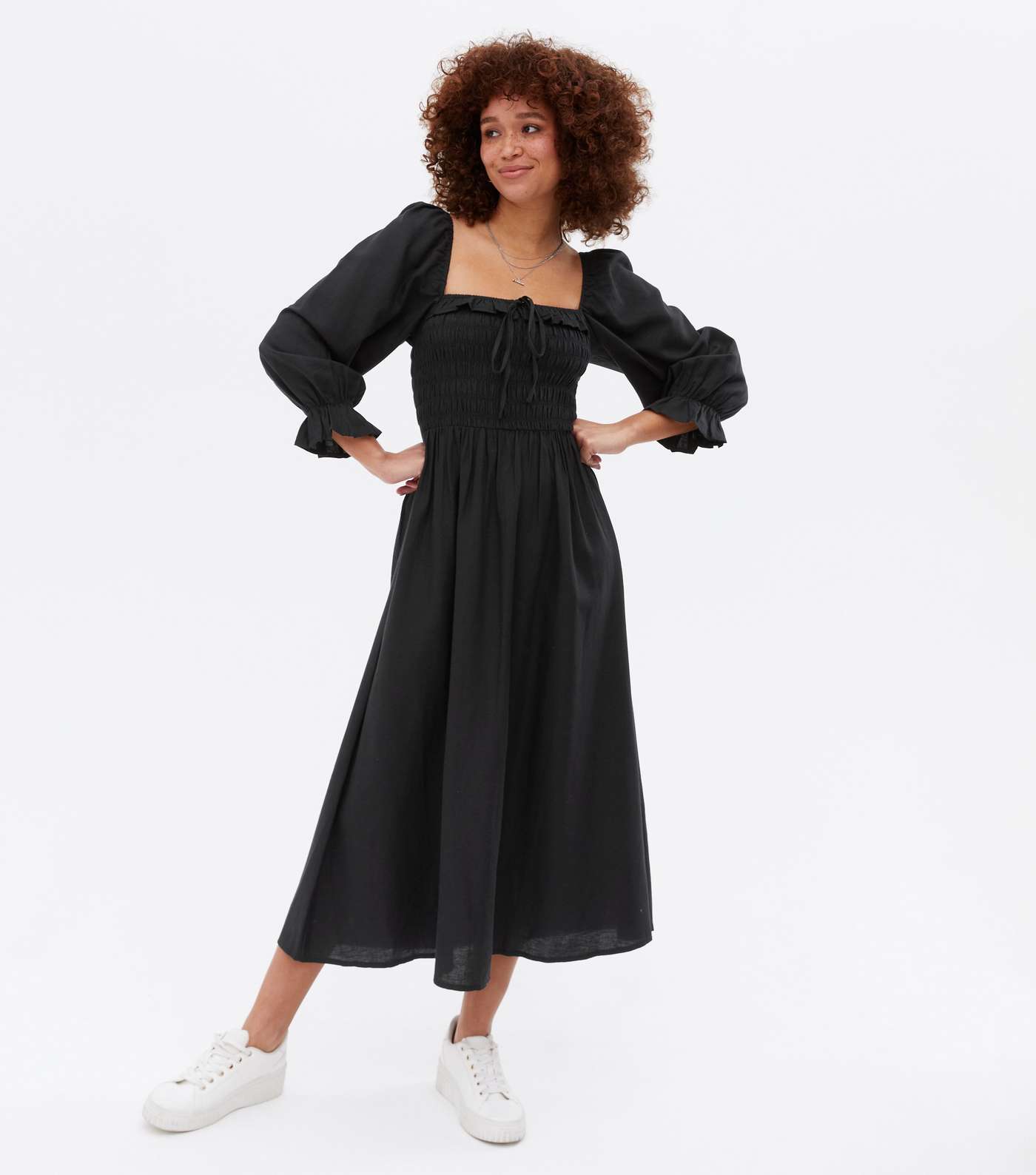 Black Shirred Frill Square Neck Midi Dress