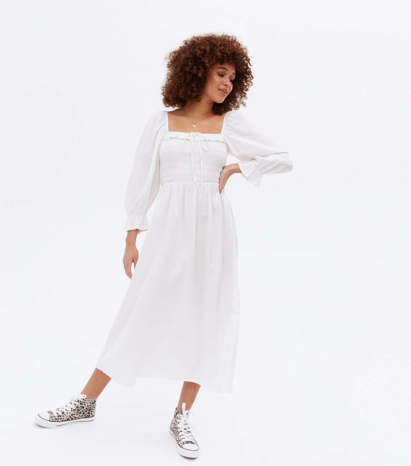 White Shirred Frill Square Neck Midi Dress Image 2