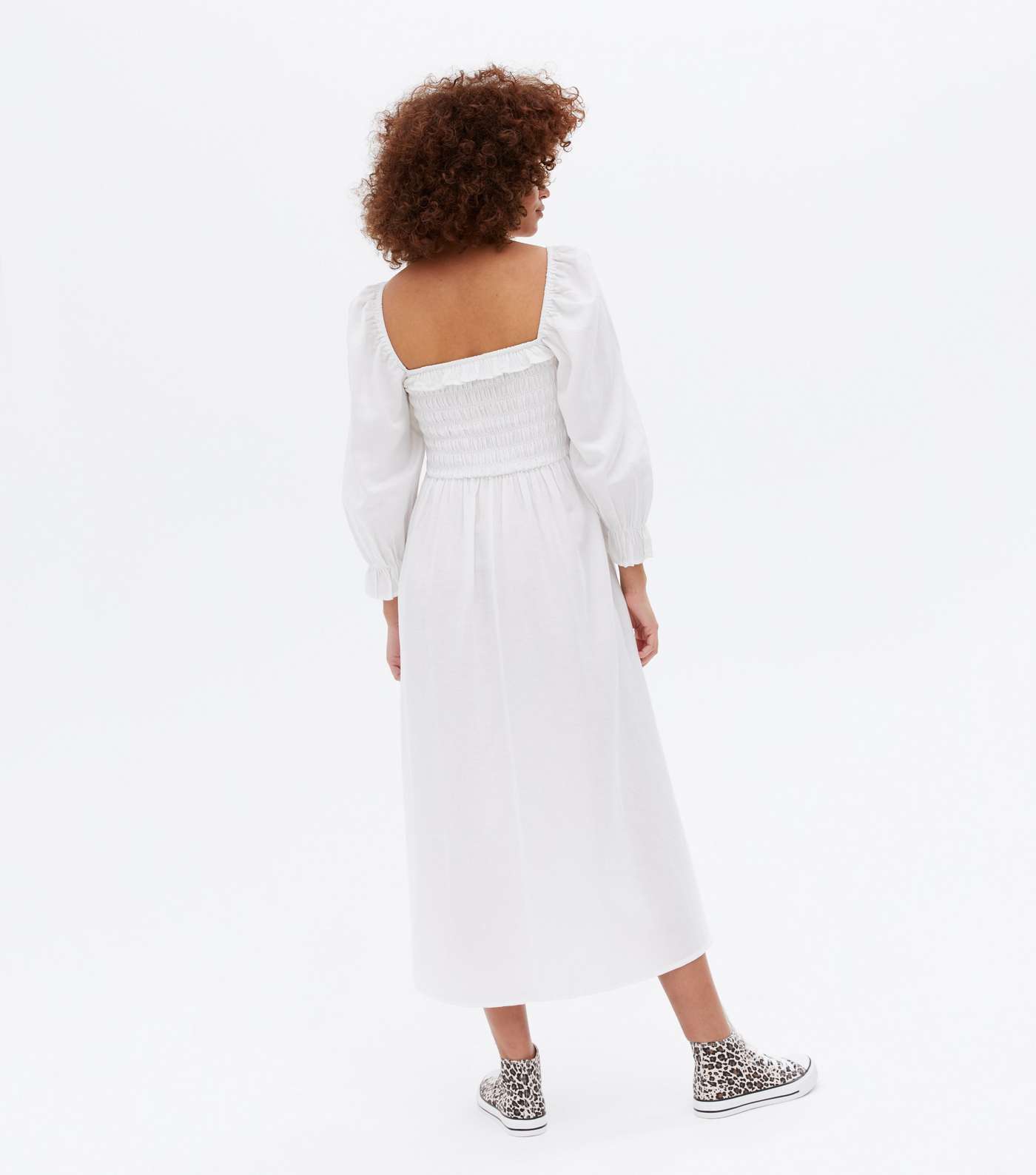 White Shirred Frill Square Neck Midi Dress Image 4