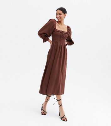 Click to view product details and reviews for Dark Brown Shirred Frill Square Neck Midi Dress New Look.