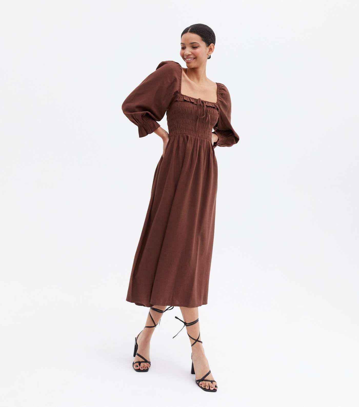 Dark Brown Shirred Frill Square Neck Midi Dress Image 2