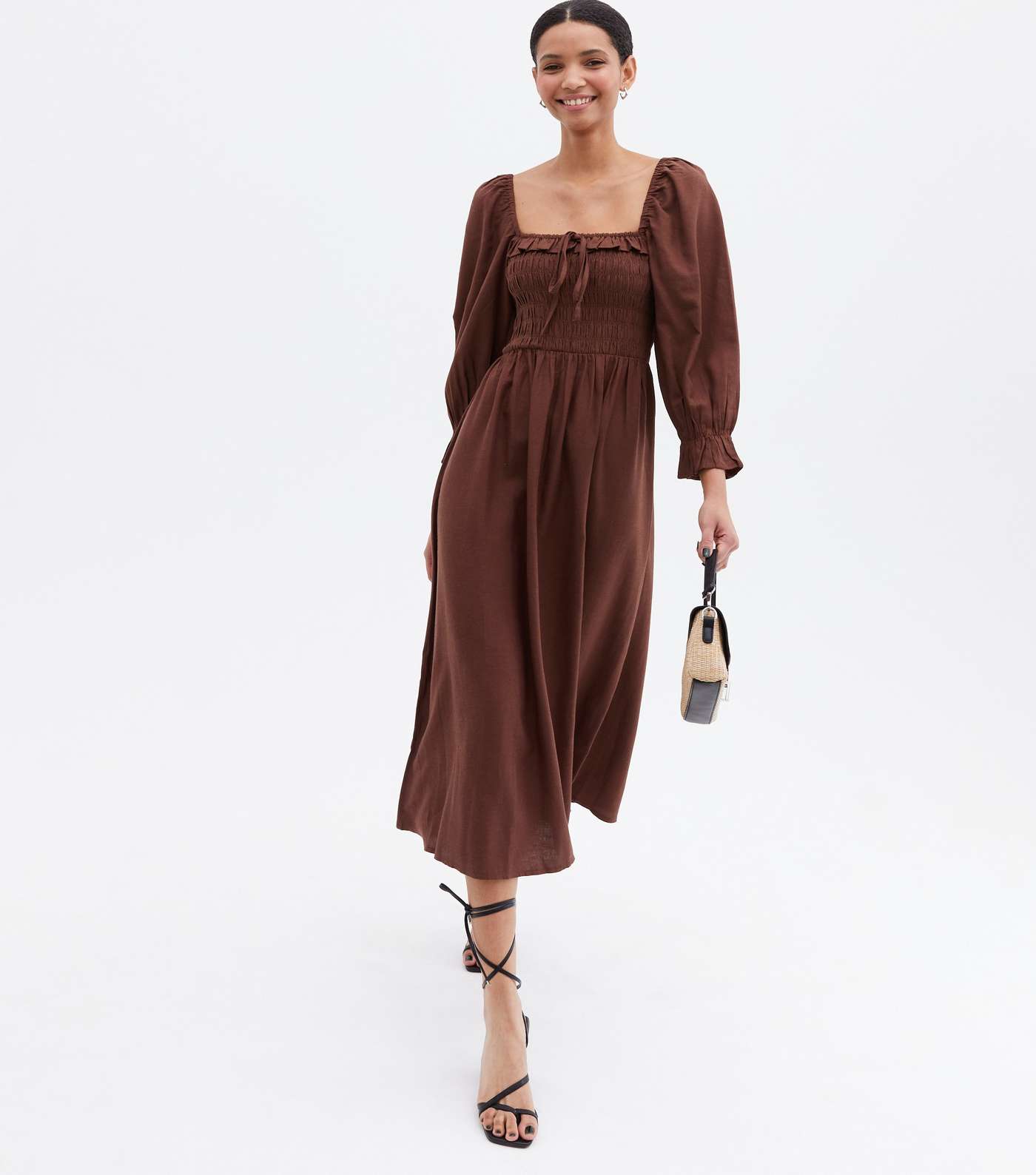 Dark Brown Shirred Frill Square Neck Midi Dress Image 4
