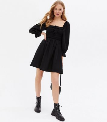 Black Shirred Frill Square Neck Mini Dress New Look