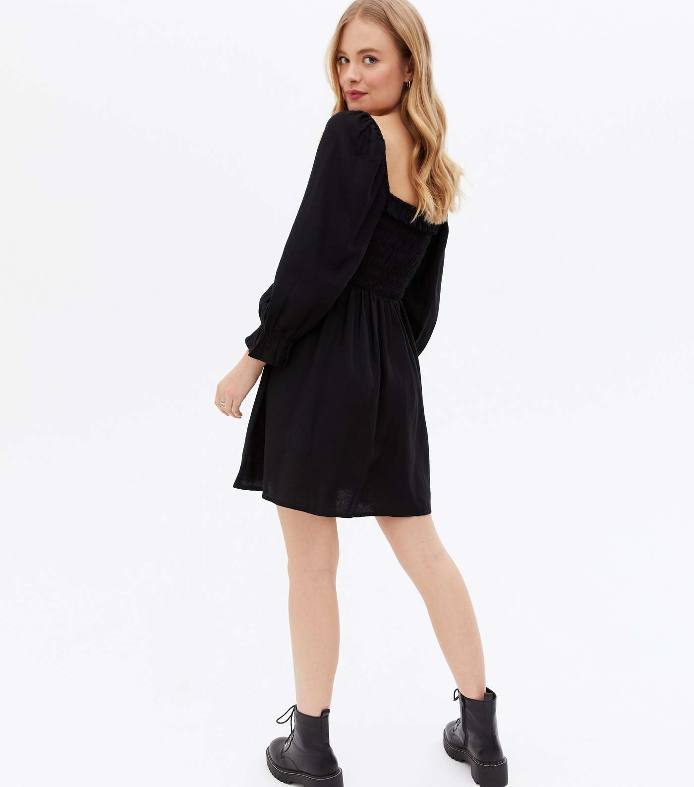 Black Shirred Frill Square Neck Mini Dress Image 4