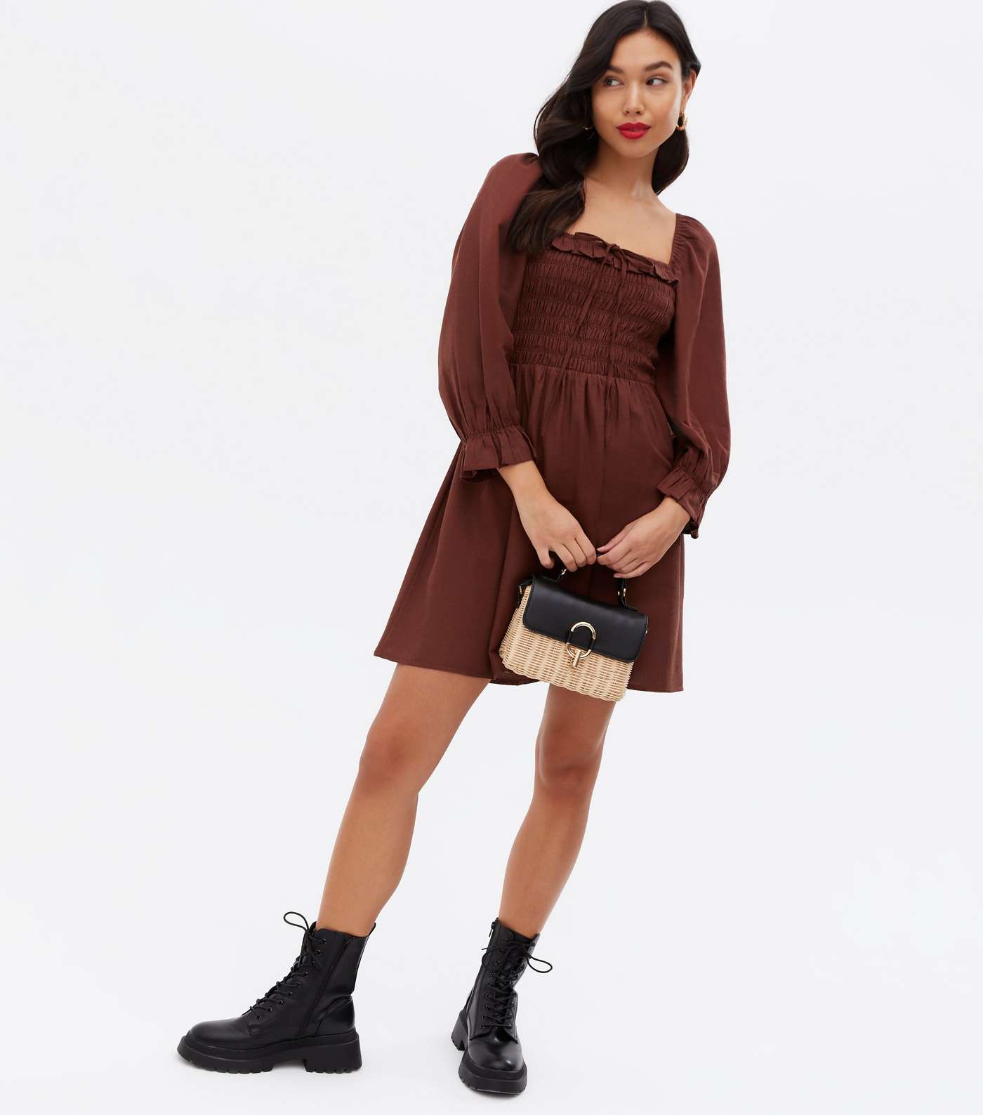 Dark Brown Shirred Frill Square Neck Mini Dress