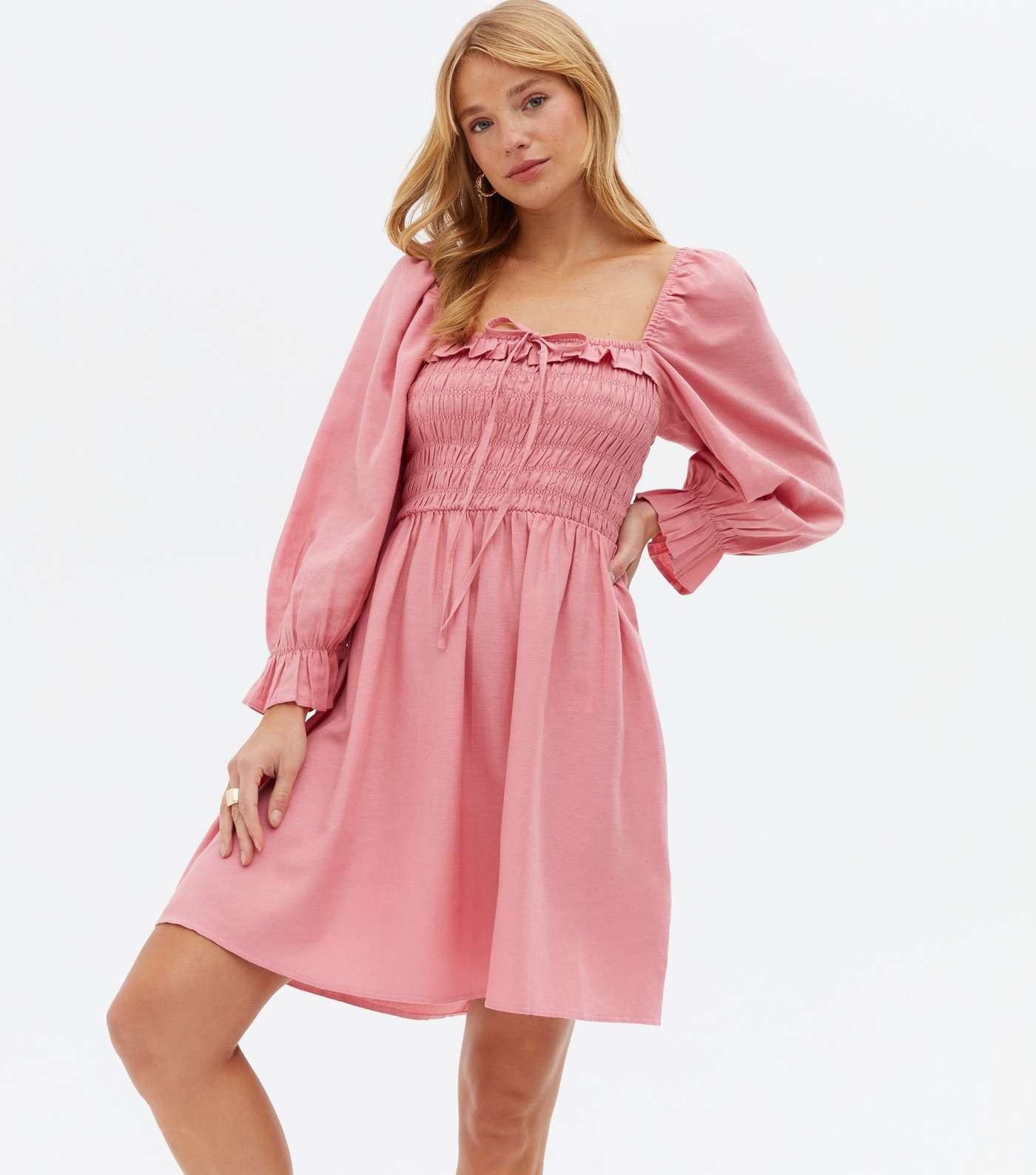 Mid Pink Shirred Frill Square Neck Mini Dress