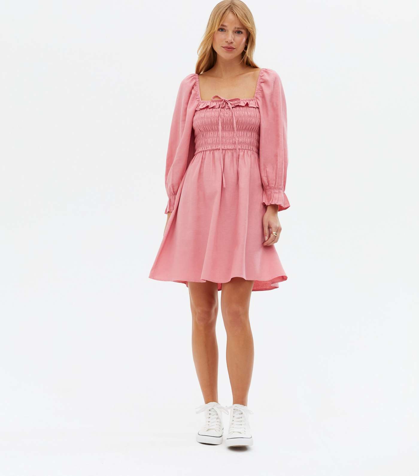 Mid Pink Shirred Frill Square Neck Mini Dress Image 3