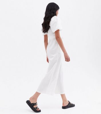 Damen Bekleidung White Linen-Look Puff Sleeve Belted Jumpsuit