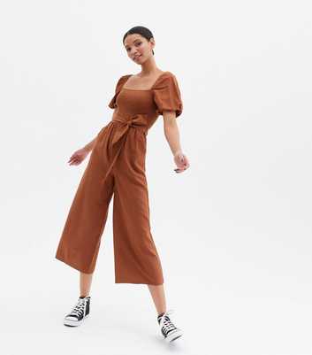Rust Linen-Look Puff Sleeve Belted Jumpsuit