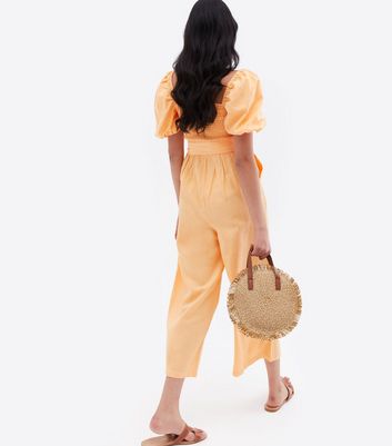 Orange Linen-Look Puff Sleeve Belted Jumpsuit | New Look