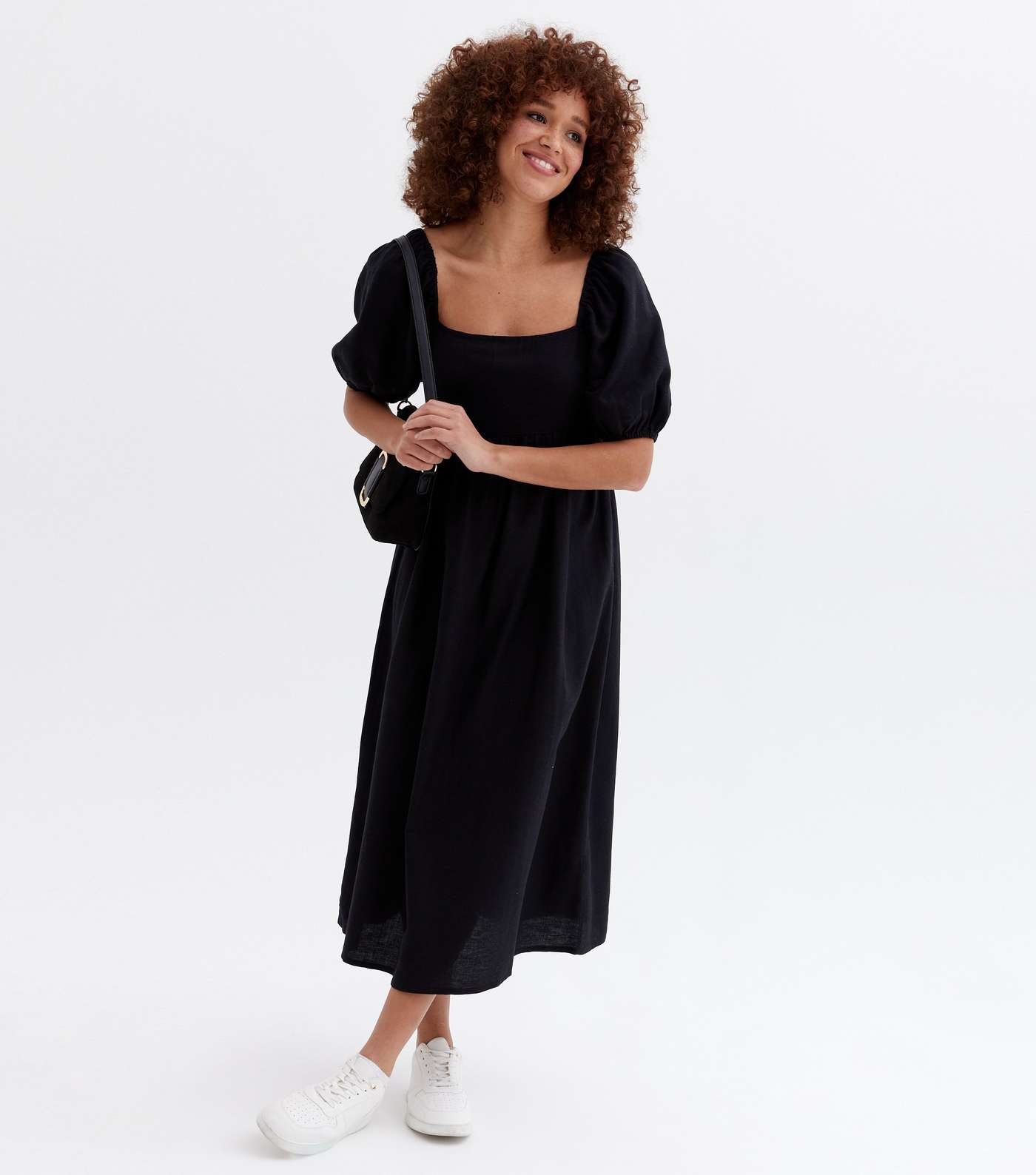 Black Linen-Look Puff Sleeve Midi Dress Image 2