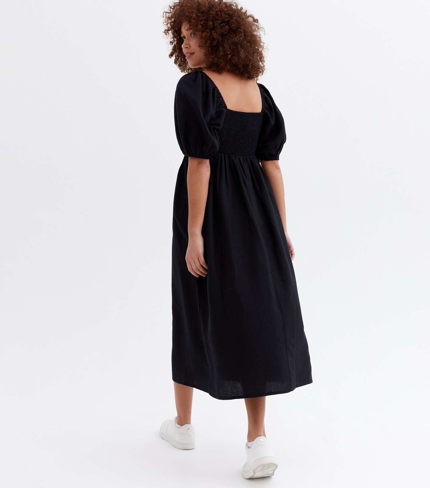 Black Linen-Look Puff Sleeve Midi Dress Image 4