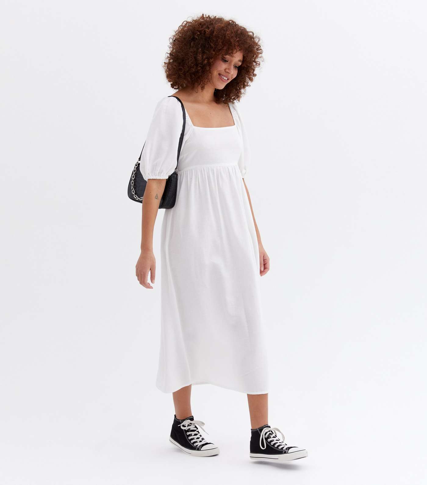 White Linen-Look Puff Sleeve Midi Dress Image 2