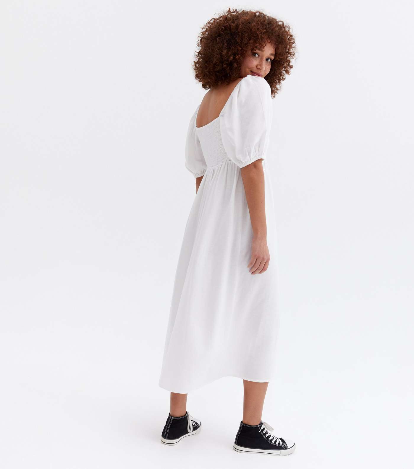 White Linen-Look Puff Sleeve Midi Dress Image 4