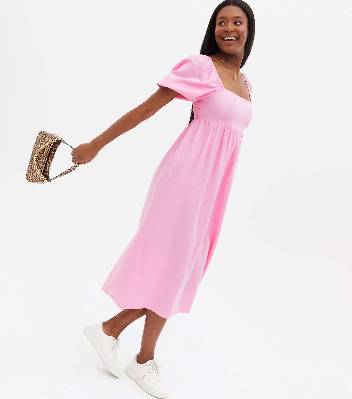 Mid Pink Linen-Look Puff Sleeve Midi Dress Image 2