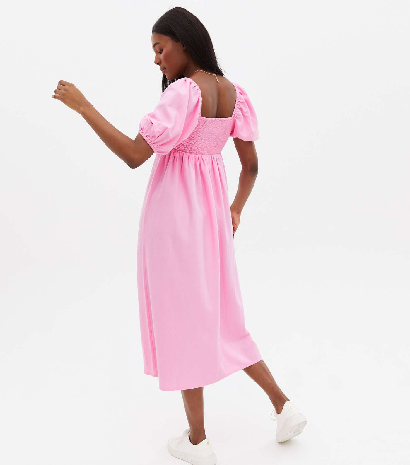 Mid Pink Linen-Look Puff Sleeve Midi Dress Image 4
