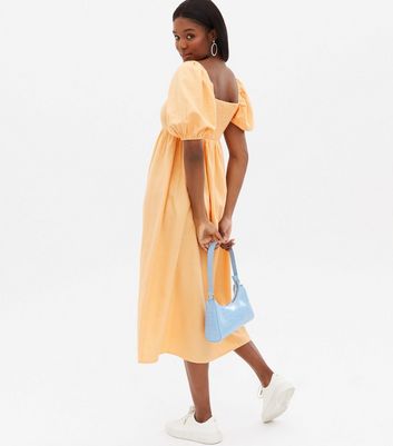Bright Orange Linen-Look Puff Sleeve 