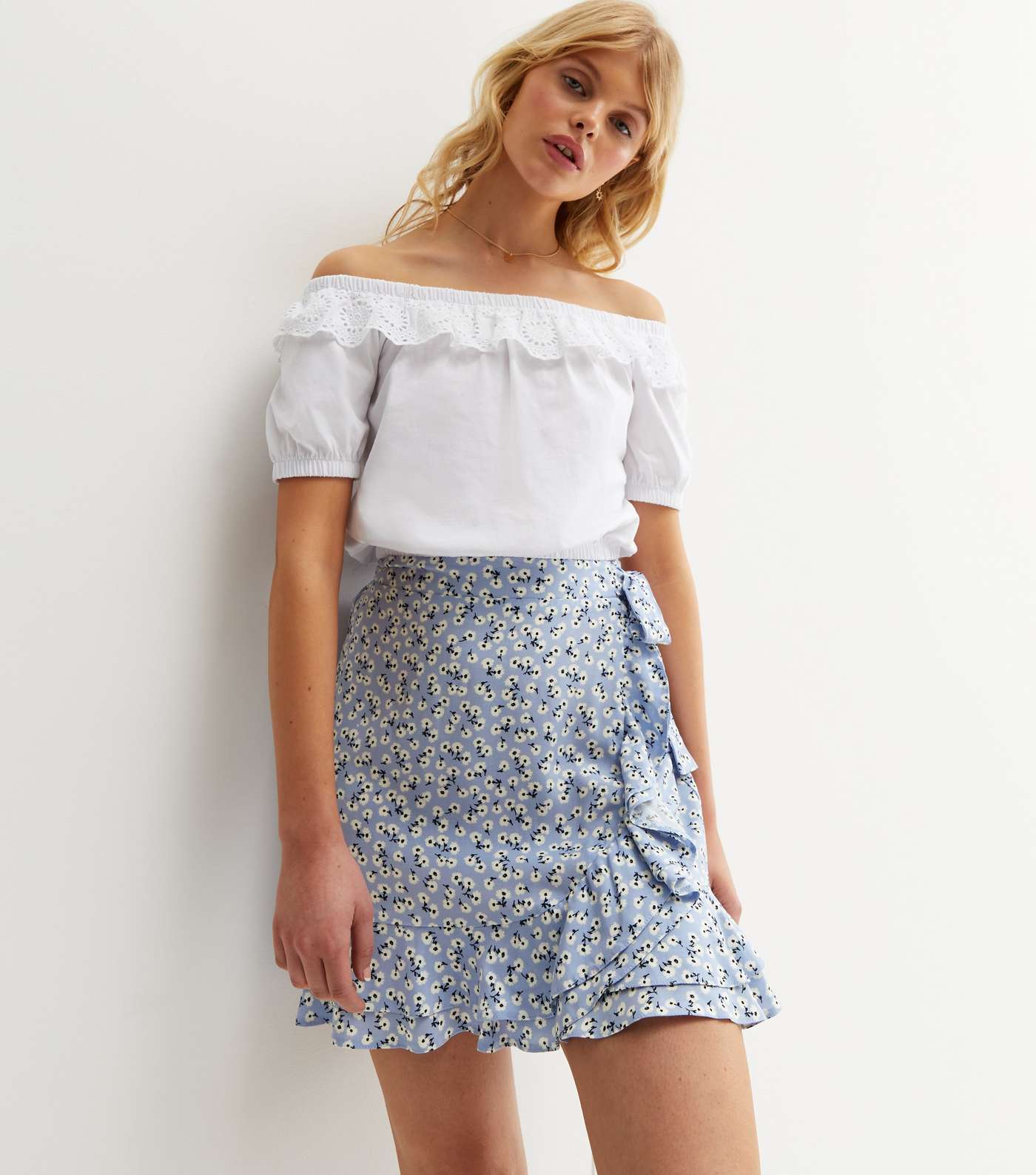 Blue Ditsy Floral Frill Mini Wrap Skirt