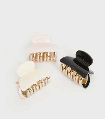 3 Pack Pink Cream and Black Glitter Mini Claw Clips New Look