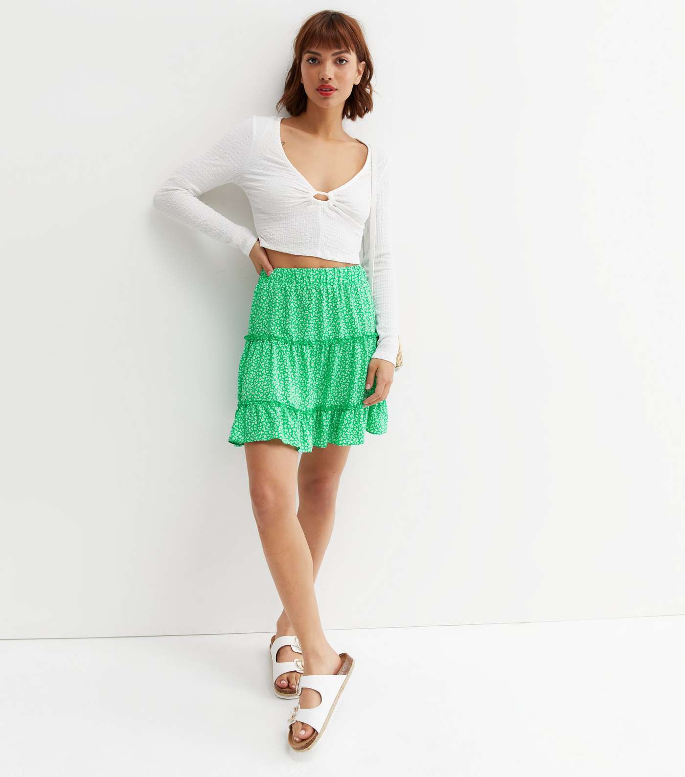 Green Ditsy Floral Ruffle Tiered Mini Skirt