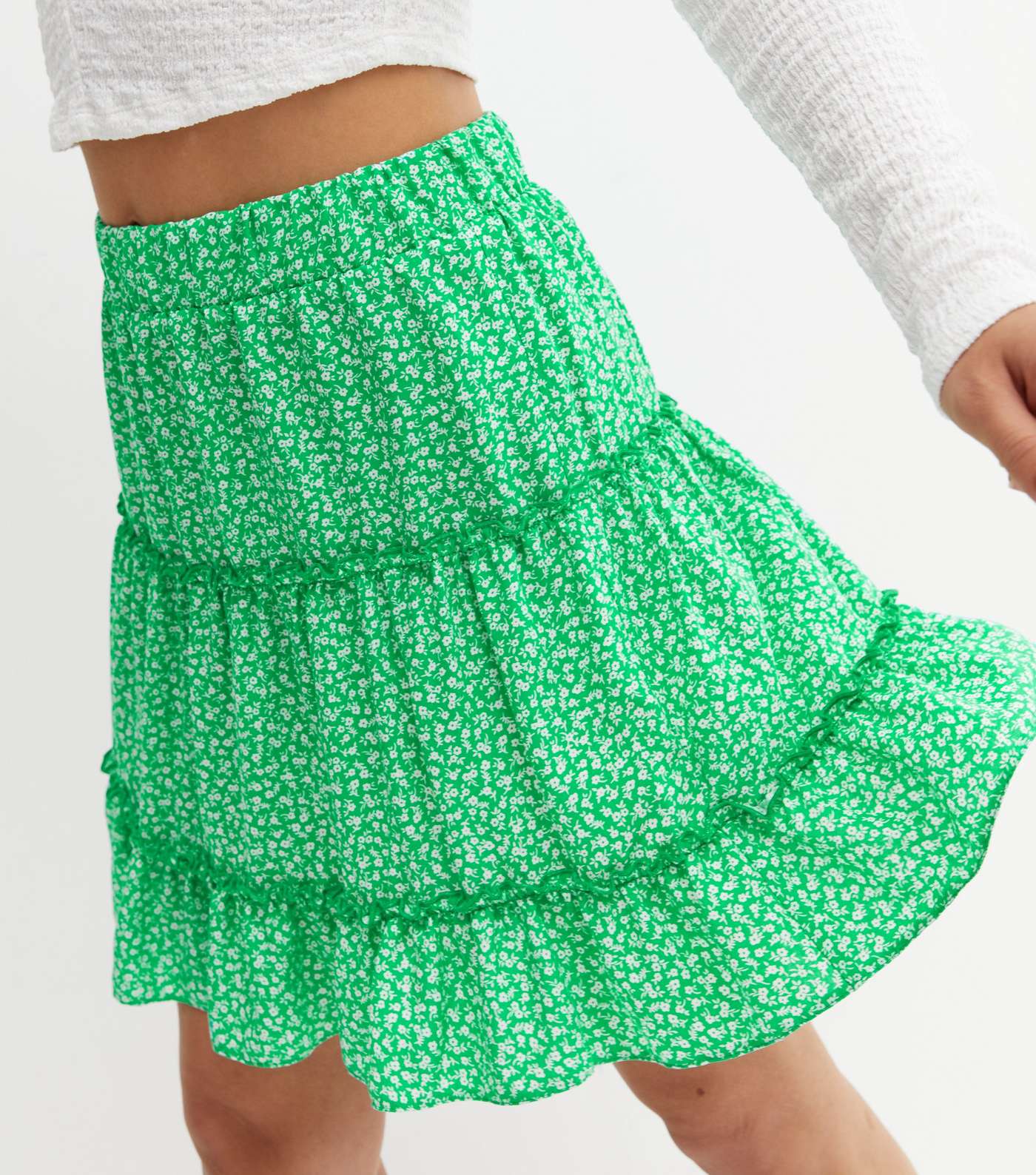 Green Ditsy Floral Ruffle Tiered Mini Skirt Image 3