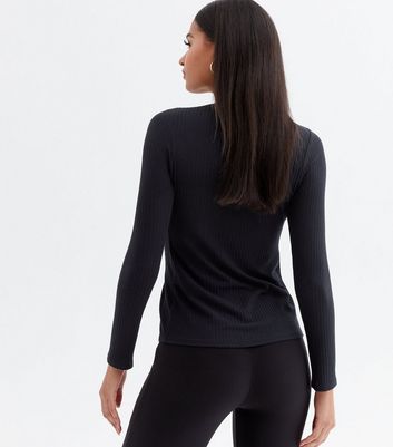 Black Ribbed Ring Split Front Long Sleeve Top New Look