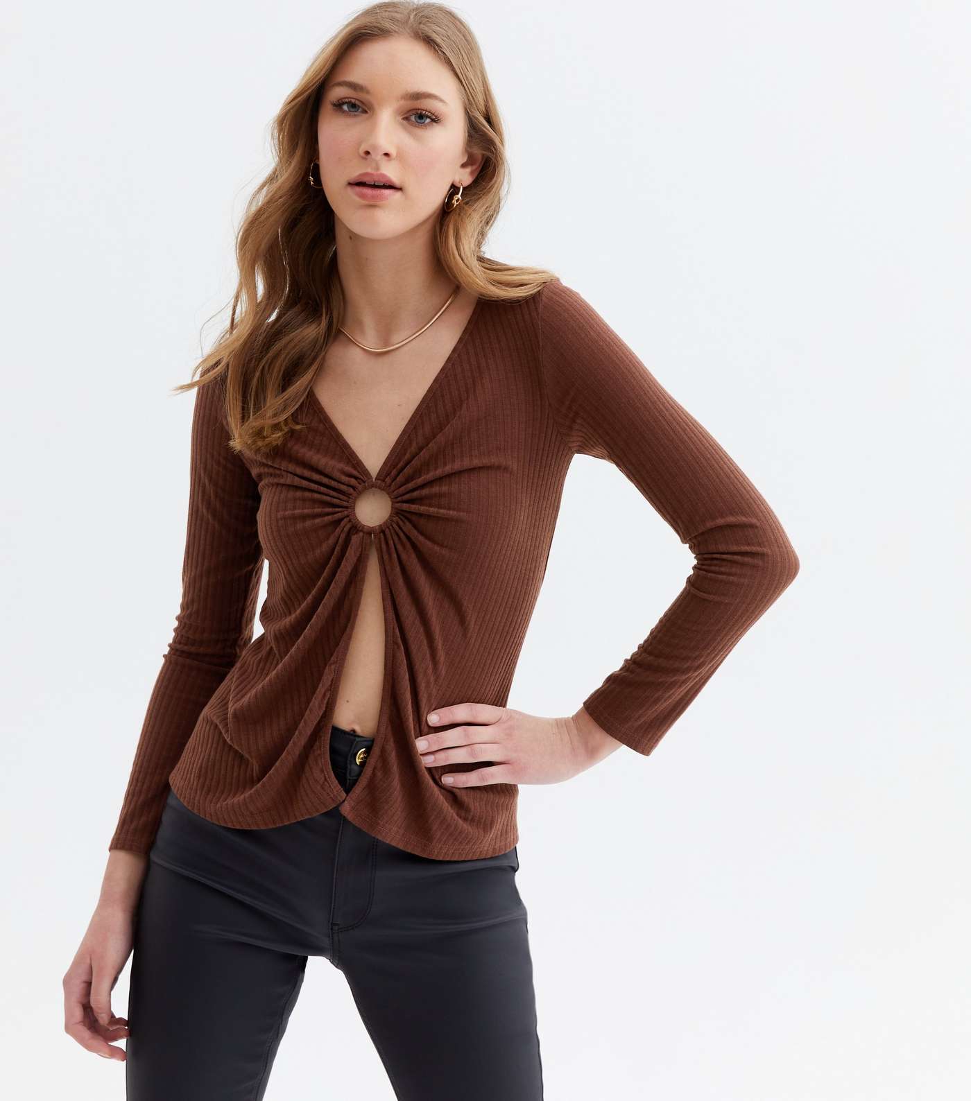 Brown Ribbed Ring Split Front Long Sleeve Top