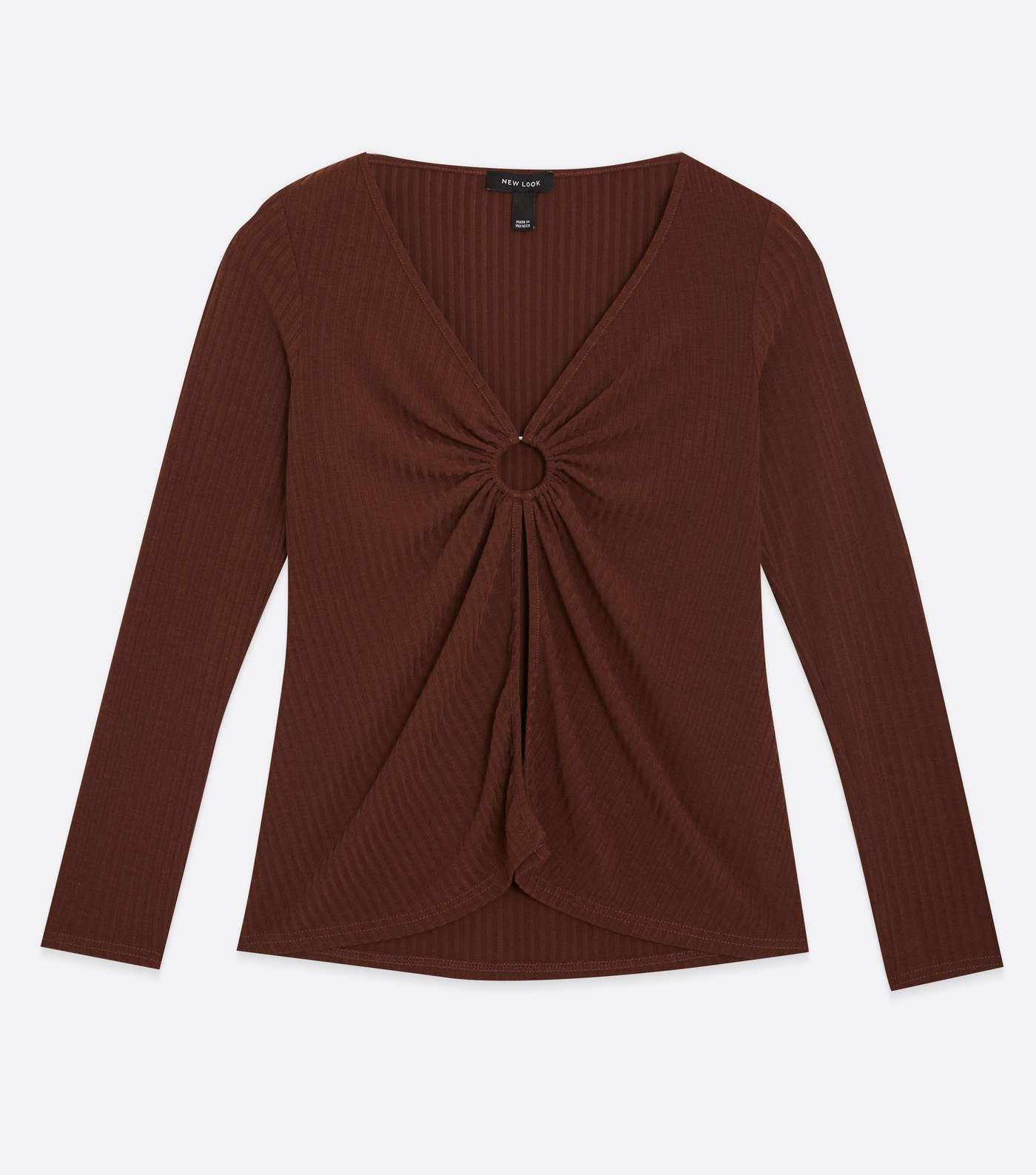 Brown Ribbed Ring Split Front Long Sleeve Top Image 5