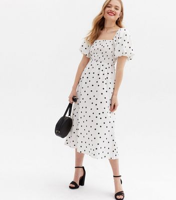 white midi dress with black spots