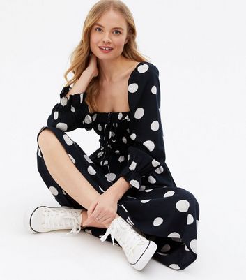 Click to view product details and reviews for Black Spot Shirred Frill Square Neck Midi Dress New Look.