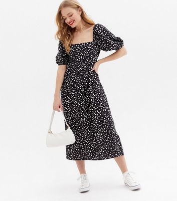 Black Animal Print Shirred Square Neck Midi Dress New Look